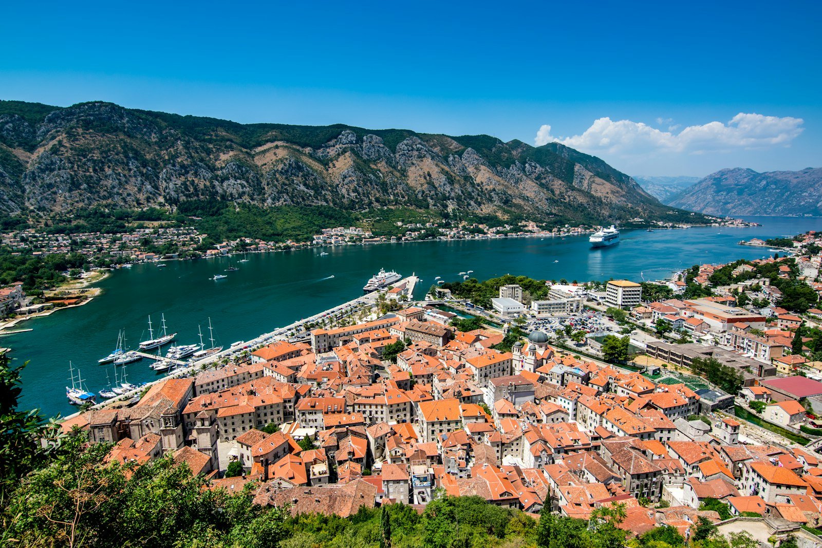 Blick über die Bucht von Kotor mit Altstadt und Bergen